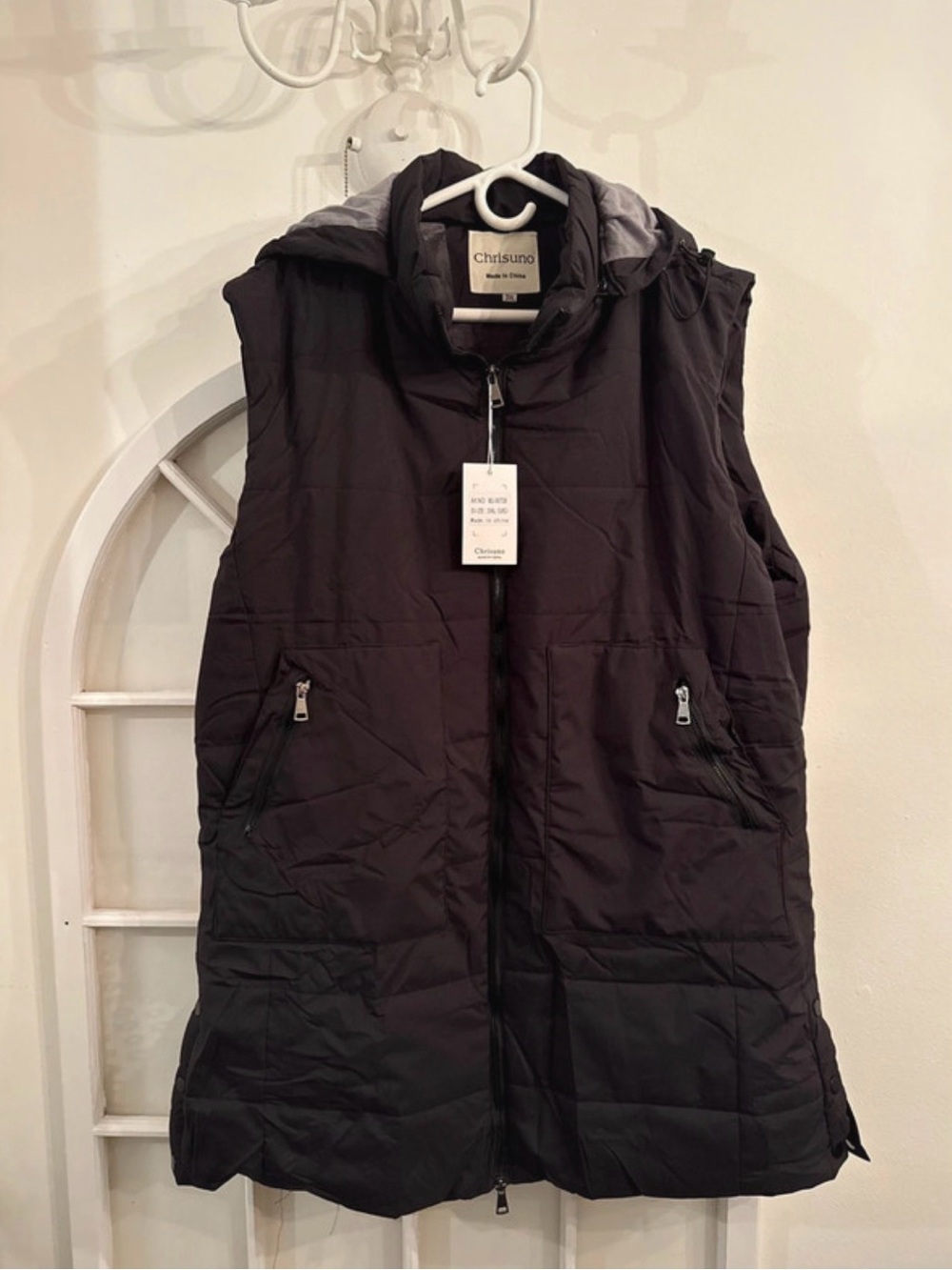 NWT Chrisuno Black Puffer Vest Womens Long Hooded Sleeveless Jacket Outwear plus